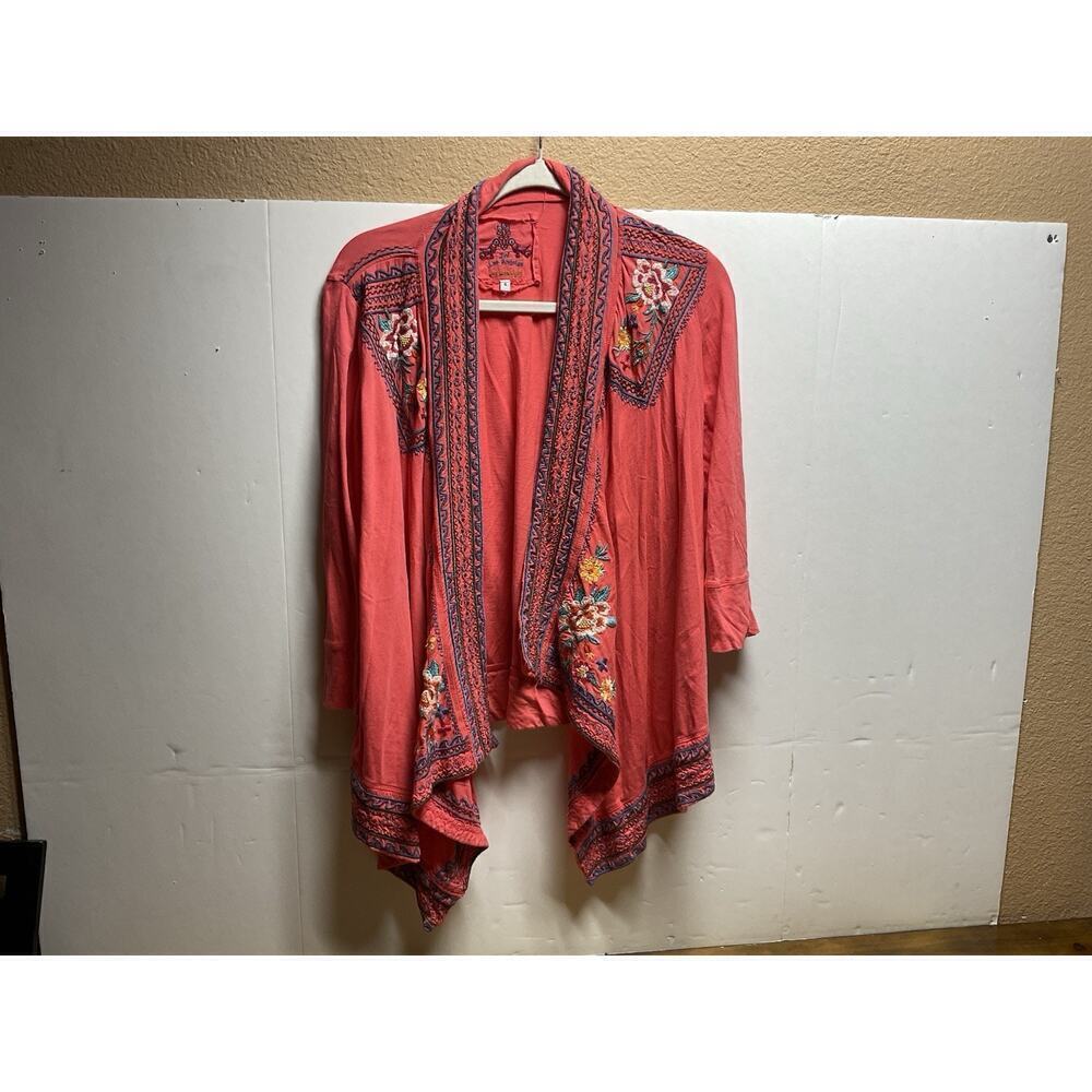 Johnny Was Sweater Women Small Coral Embroidered Jacket Open Cardigan Shrug Boho